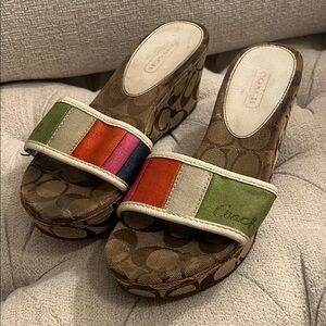 Coach Brown Signature Canvas Wedge Sandals with Multicolor Straps